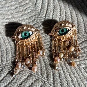 Gold Tone Statement Eye Earrings Green Glass Center Pearl Drop Art Inspired